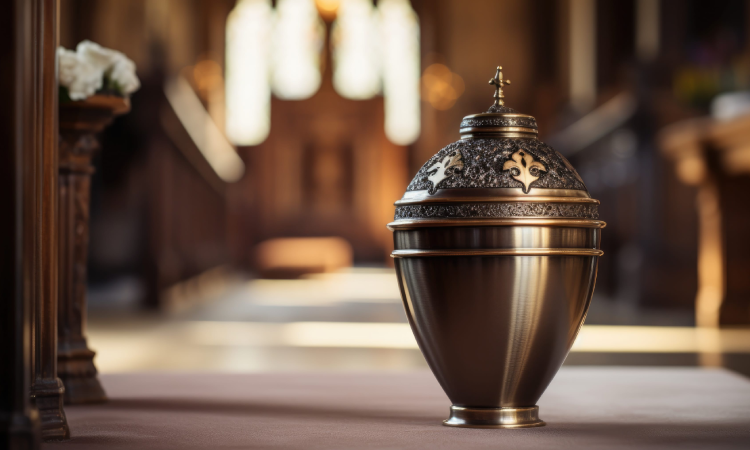 An urn with ashes stands in the church. 